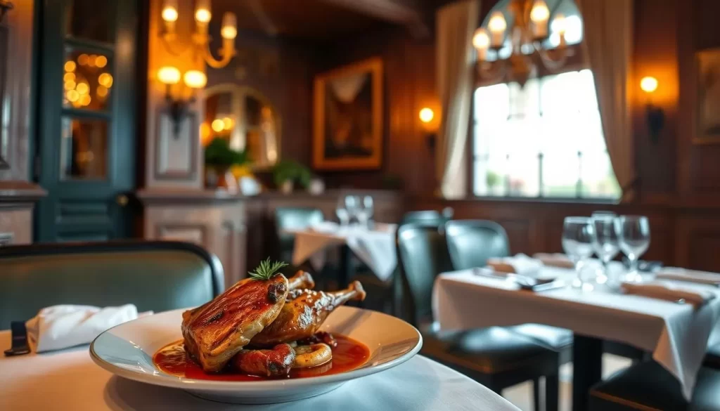 Generate an image of Frenchette's cozy dining area with a beautifully presented dish featuring duck.