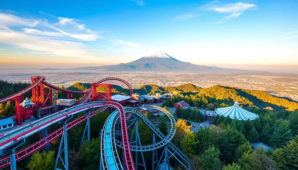 Generate an image of Fuji-Q Highland Amusement Park, highlighting its thrilling roller coasters and scenic views.