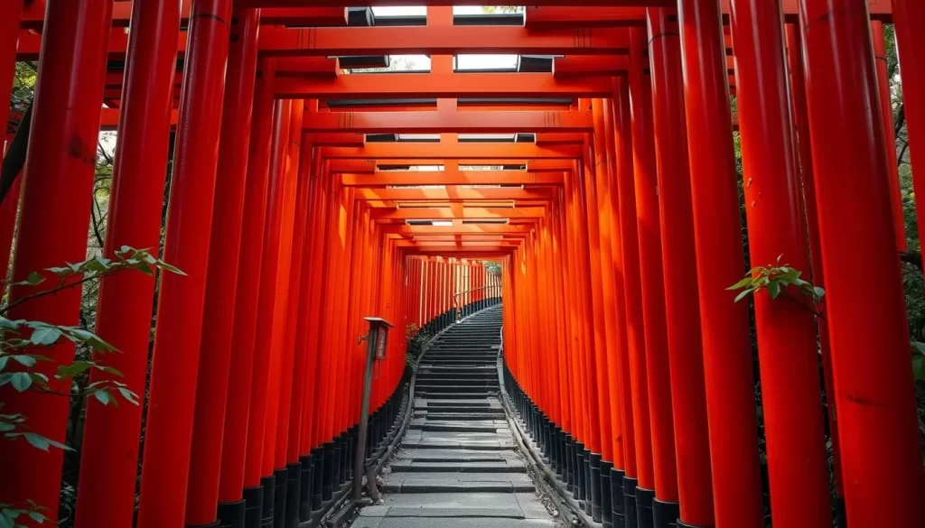 Generate an image of Fushimi Inari Shrine with thousands of vermilion torii gates forming a tunnel-like pathway up the mountain.