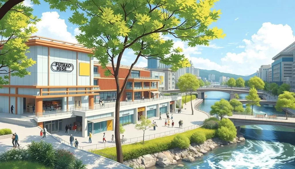 Generate an image of Futako Tamagawa Rise shopping complex with the Tama River in the background.