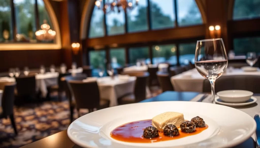 Generate an image of Gabriel Kreuther's elegant dining room with a signature dish featuring foie gras.