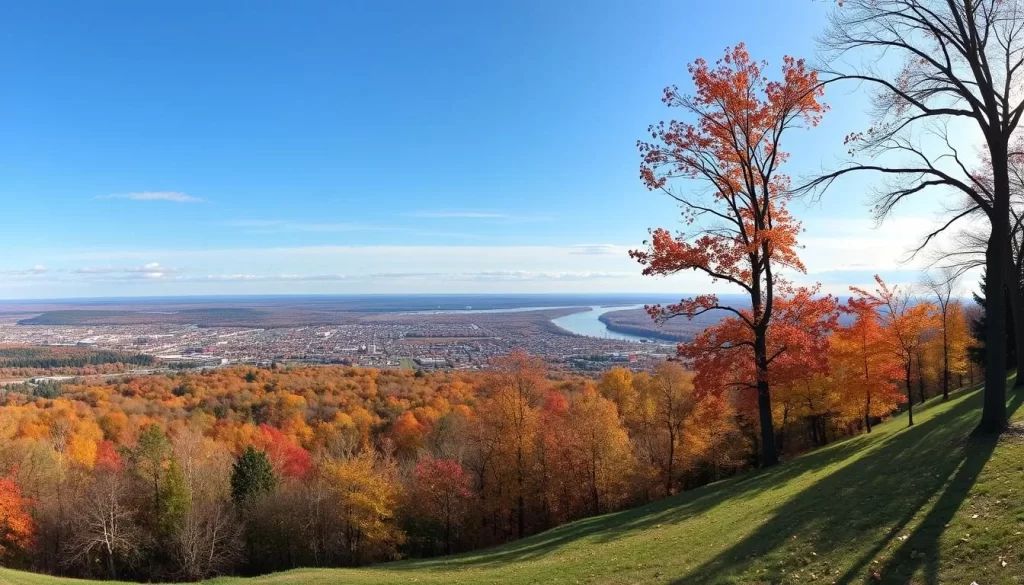 Generate an image of Garvin Heights City Park with a panoramic view of Winona and the Mississippi River valley.