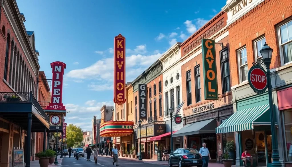 Generate an image of Gay Street in Knoxville, Tennessee, highlighting its historic theaters, unique shops, and lively atmosphere.