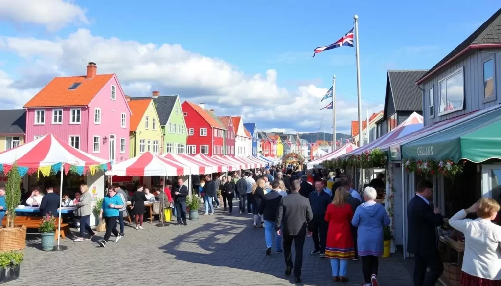Generate an image of Gimli's harbor town during the Icelandic Festival.