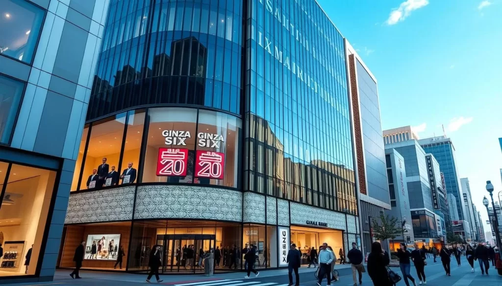 Generate an image of Ginza Six shopping mall in Tokyo, showcasing its modern architecture and upscale storefronts.