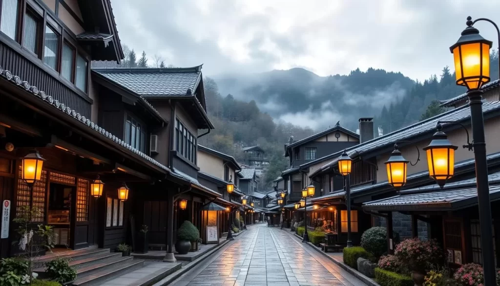 Generate an image of Ginzan Onsen's picturesque streets lined with traditional ryokan and gas lamps.