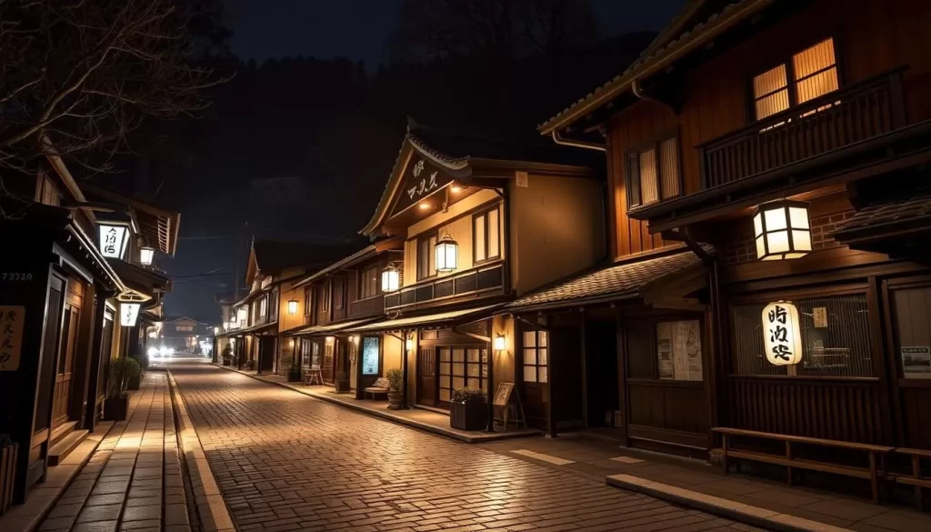 Generate an image of Ginzan Onsen's traditional wooden inns and cobblestone streets illuminated at night.