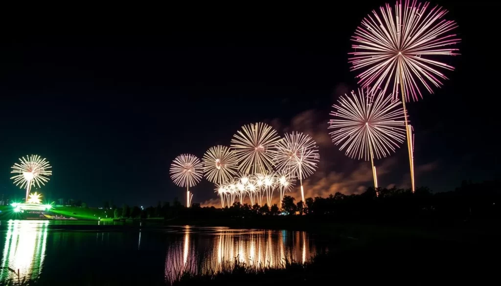 Generate an image of GlobalFest fireworks display over Elliston Park lake