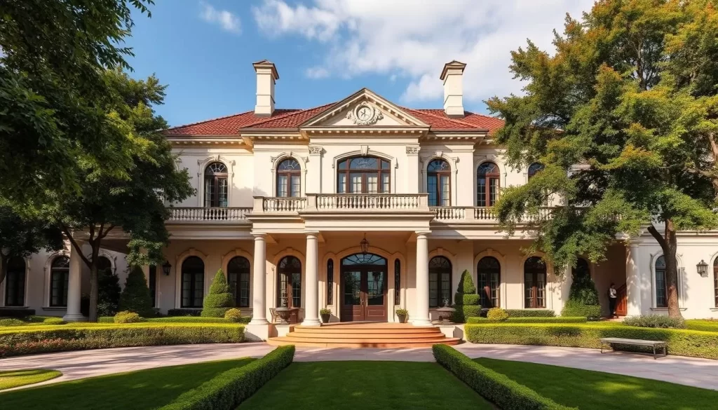 Generate an image of Golden Hill Villa's grand facade with its beautifully manicured gardens.