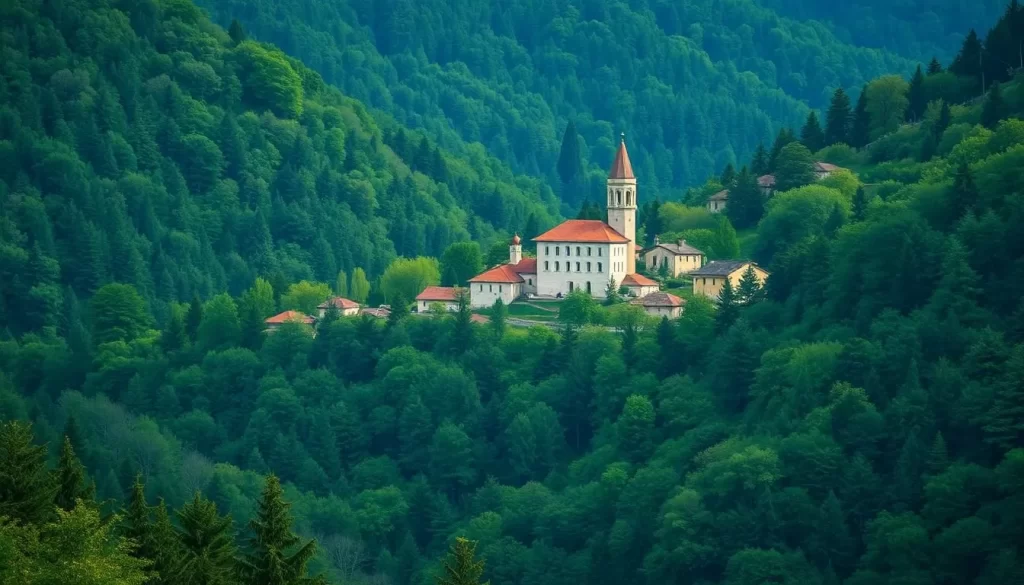 Generate an image of Golija Mountain's dense forests and medieval monasteries.