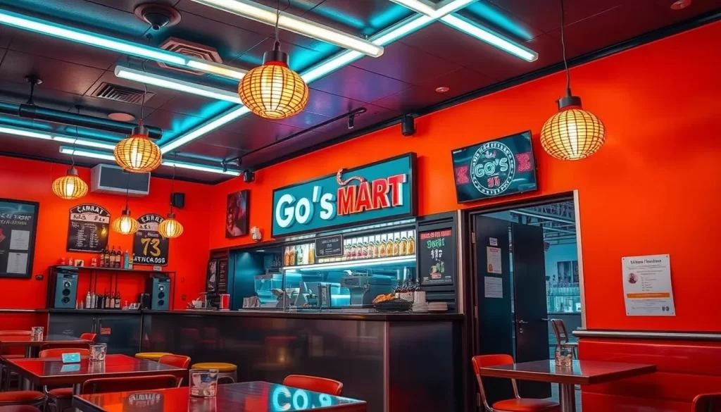 Generate an image of Go's Mart in Canoga Park, highlighting its unique sushi bar atmosphere with bright orange walls and fluorescent lighting.
