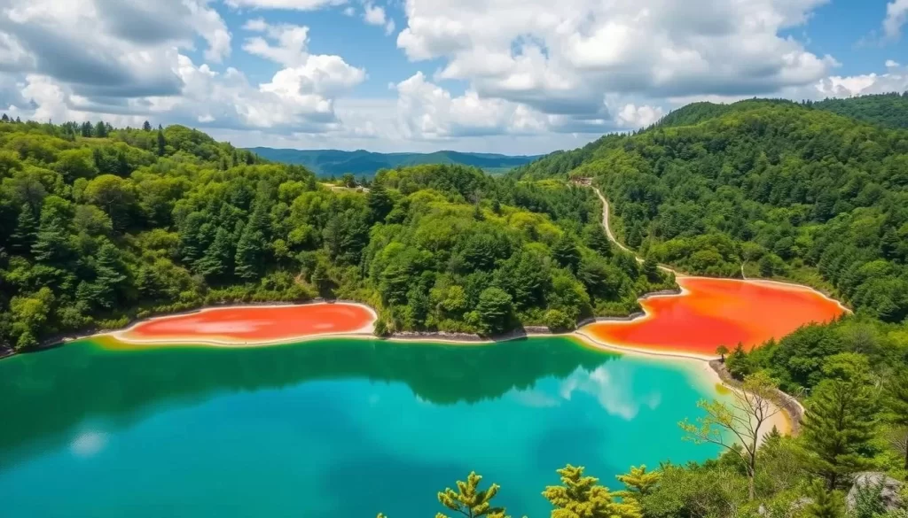 Generate an image of Goshiki-numa Ponds, Fukushima, showcasing the five colorful lakes surrounded by lush greenery.