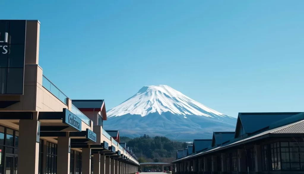 Generate an image of Gotemba Premium Outlets with Mount Fuji visible in the background.