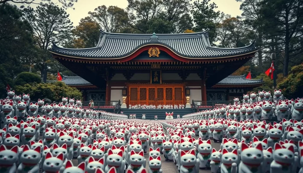 Generate an image of Gotokuji Temple surrounded by numerous maneki-neko figurines.