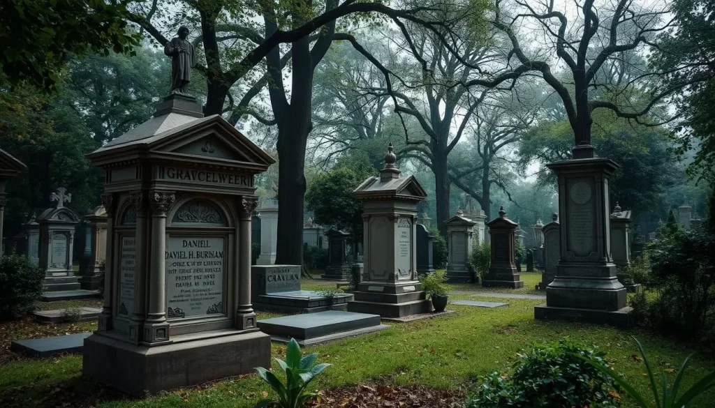 Generate an image of Graceland Cemetery's notable graves, including Daniel H. Burnham's.
