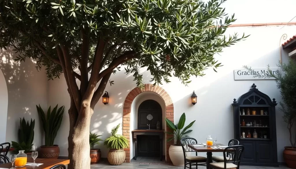 Generate an image of Gracias Madre, a vegan Mexican restaurant in West Hollywood, with a beautiful, villa-like atmosphere, complete with olive trees and a prayer station.