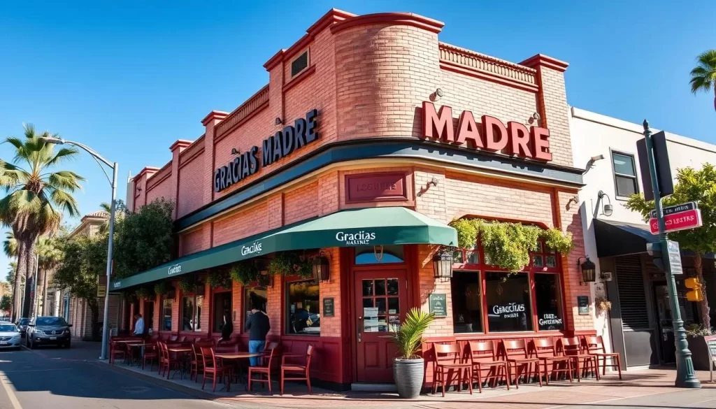 Generate an image of Gracias Madre's exterior on Melrose Avenue in West Hollywood.