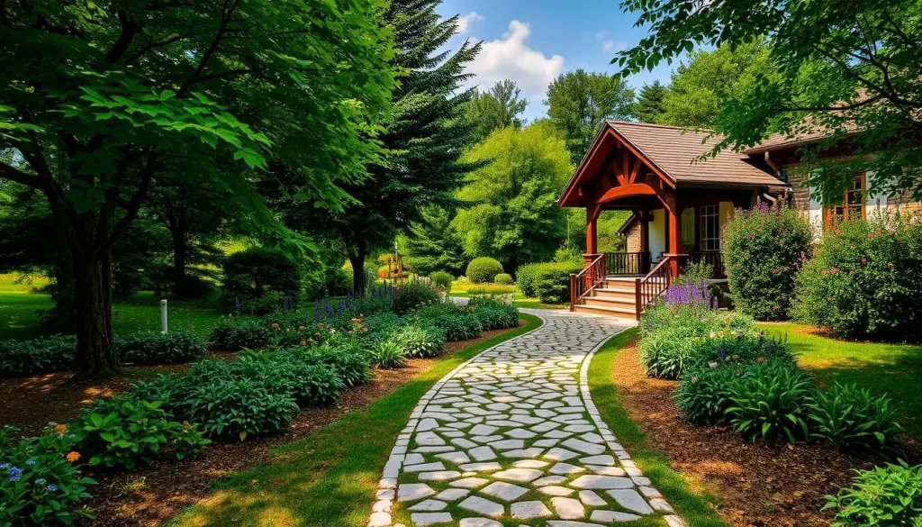 Generate an image of Gradska Bašta in Zrenjanin, showcasing its serene pathways and lush greenery.