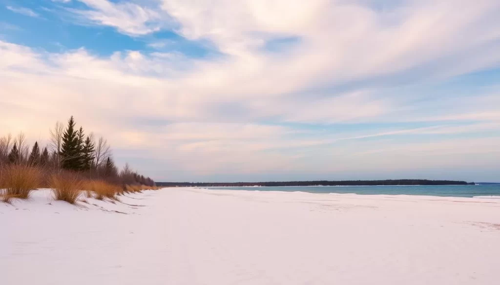 Generate an image of Grand Beach Provincial Park's white sand beaches along Lake Winnipeg.