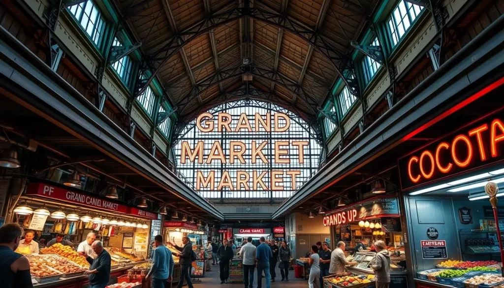 Generate an image of Grand Central Market's bustling interior, showcasing diverse food stalls.