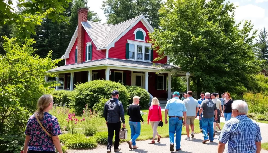 Generate an image of Green Gables Heritage Place with visitors touring the farmhouse.