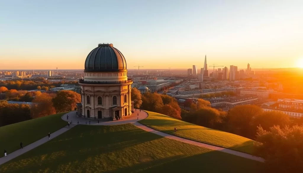 Generate an image of Greenwich Park with the Royal Observatory and a panoramic view of London's skyline.