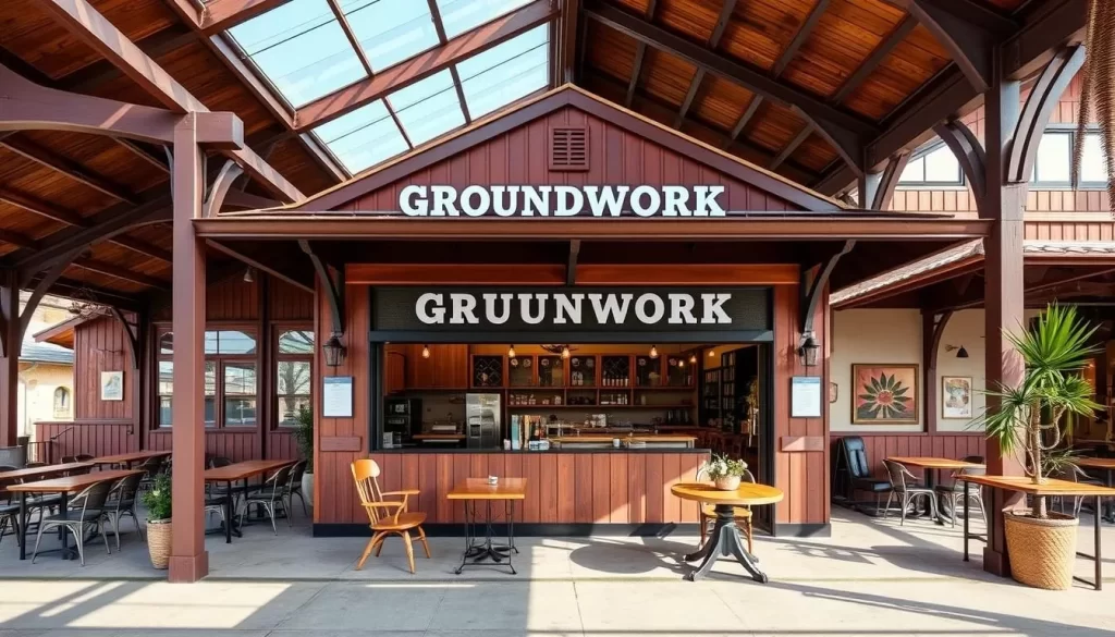 Generate an image of Groundwork Coffee's North Hollywood location, showcasing its historic train depot architecture and modern coffee shop ambiance.