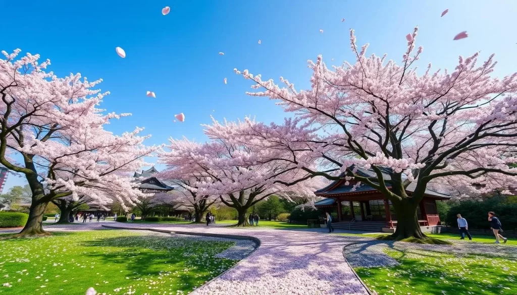 Generate an image of Gyosen Park during cherry blossom season