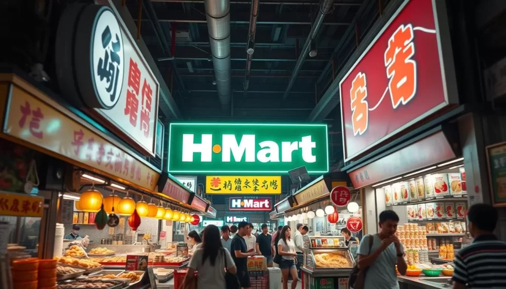 Generate an image of H Mart's food court, featuring its bright neon decor and variety of Korean food stalls.
