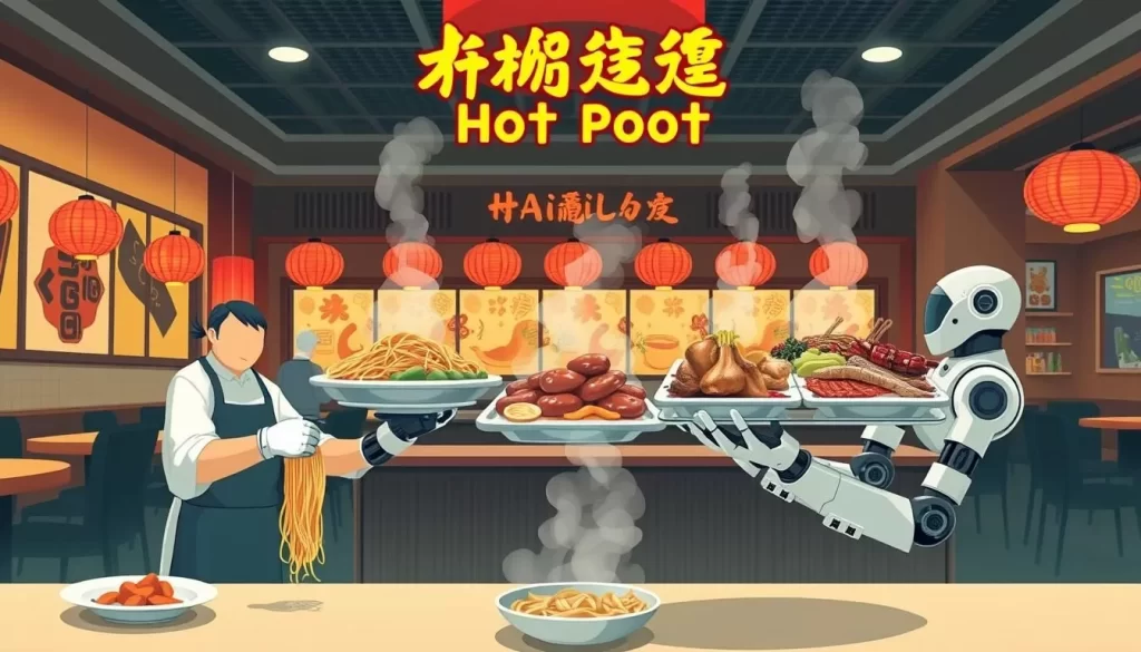 Generate an image of Haidilao HotPot, highlighting its unique dining experience with servers pulling noodles by hand at the table and robot servers bringing out trays of meat and dishes.