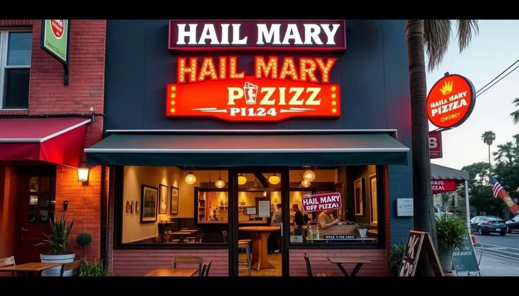 Generate an image of Hail Mary Pizza's exterior in Atwater Village, showcasing its inviting atmosphere.