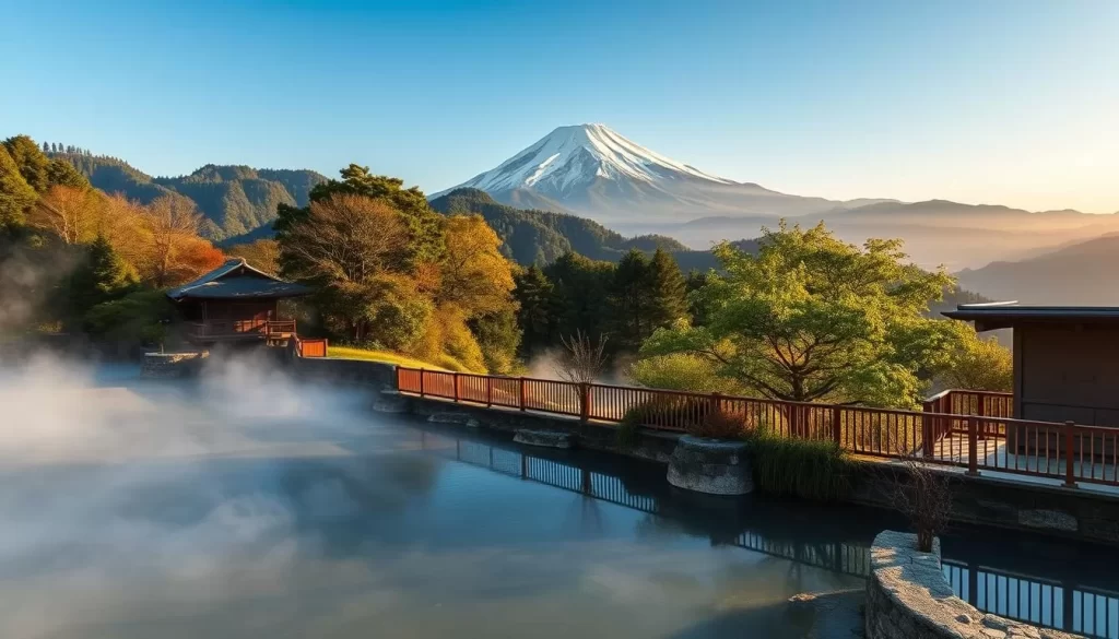 Generate an image of Hakone's hot springs with Mount Fuji in the background.