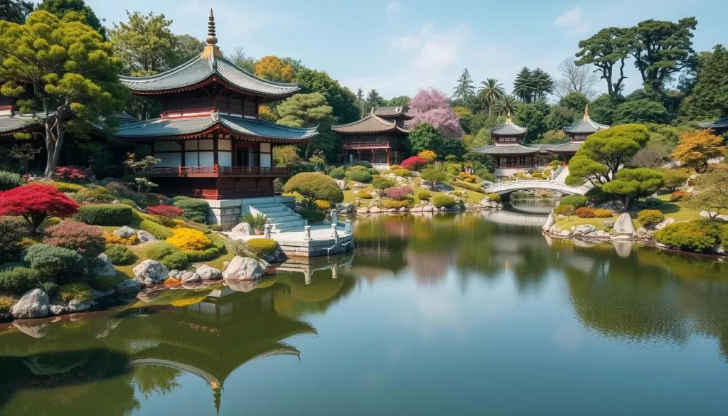 Generate an image of Hamarikyu Gardens with its traditional Japanese landscaping, ponds, and teahouses.