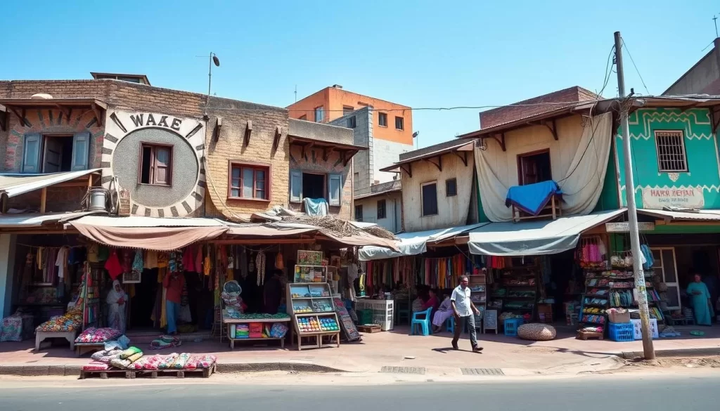 Generate an image of Hamarweyne District Mogadishu, highlighting its traditional Somali architecture and local shops.