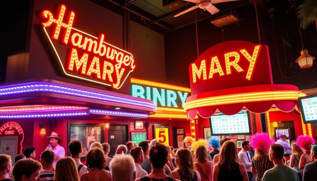 Generate an image of Hamburger Mary's in West Hollywood, capturing the vibrant atmosphere of their drag queen bingo nights.
