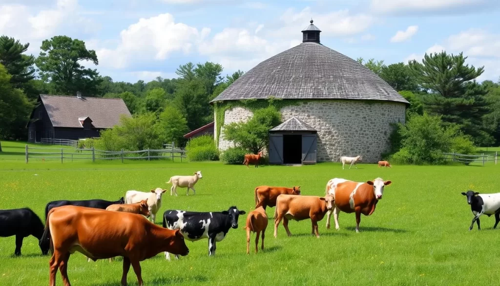 Generate an image of Hancock Shaker Village's iconic Round Stone Barn surrounded by lush greenery and heritage breed animals.