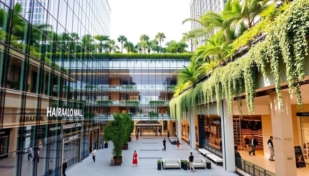 Generate an image of Harakado Mall's striking crystalline exterior with its terraced roof garden.