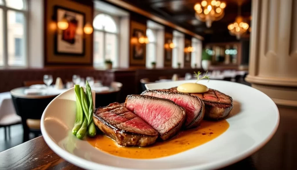 Generate an image of Hawksmoor New York, showcasing its upscale ambiance and expertly prepared steaks.