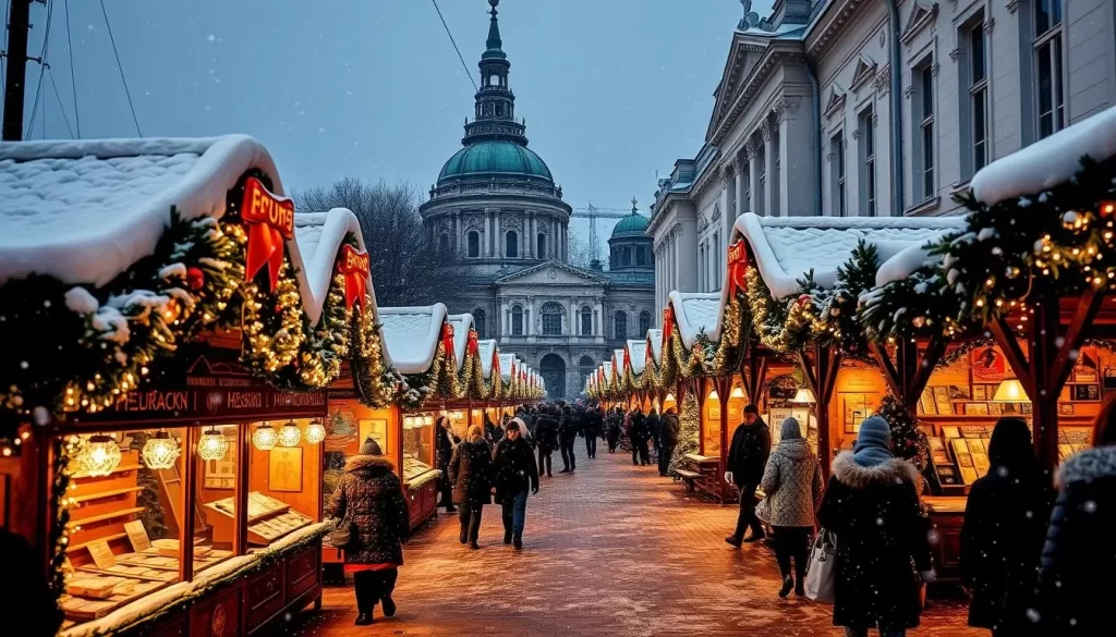 Generate an image of Helsinki Christmas Markets with snow-covered stalls and twinkling lights.