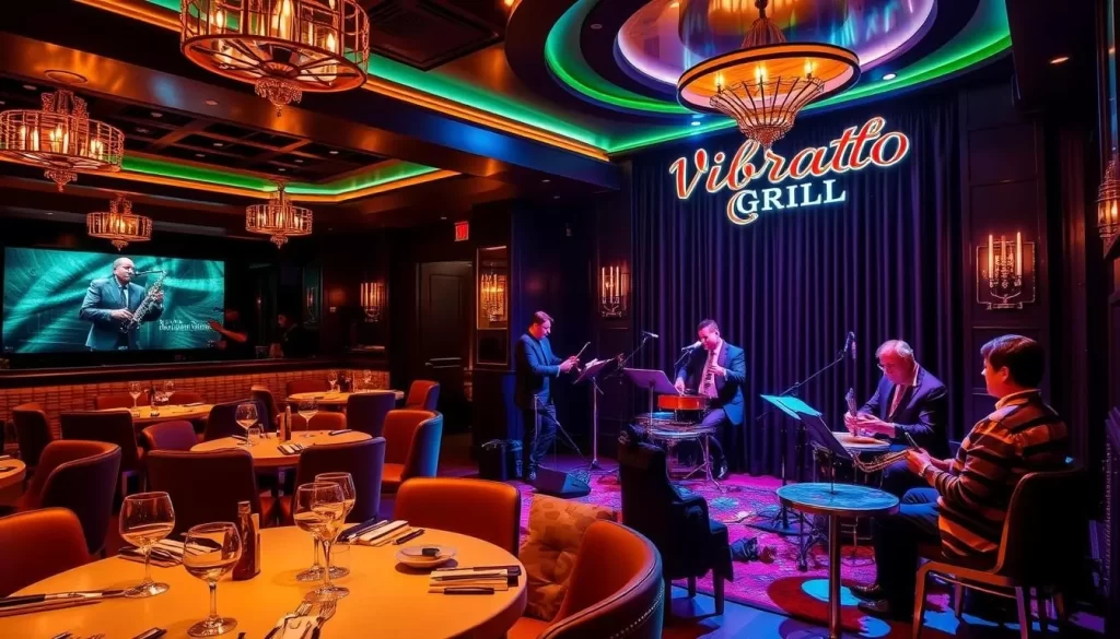 Generate an image of Herb Alpert's Vibrato Grill in Bel Air, showcasing its elegant ambiance and jazz musicians performing live.