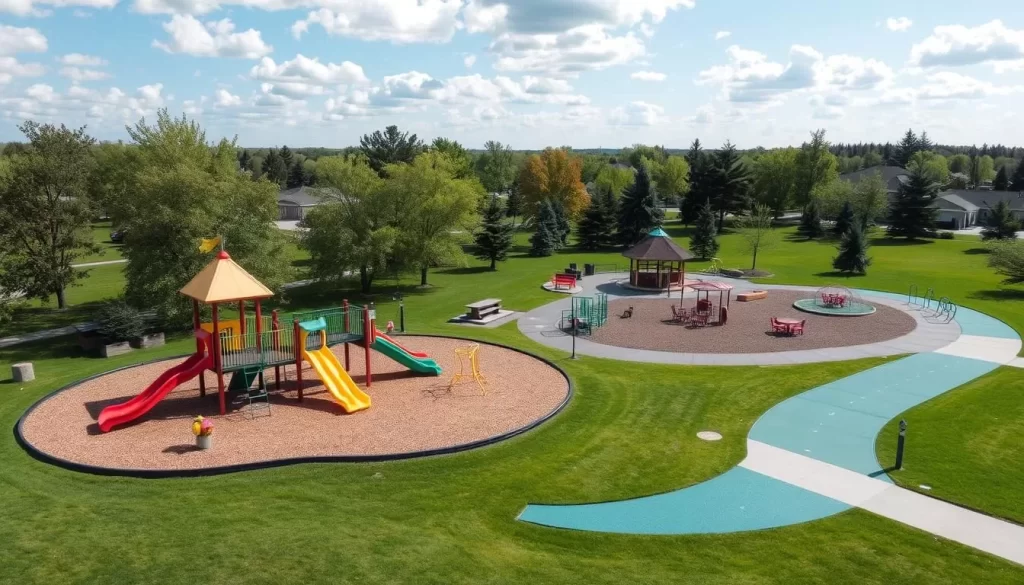 Generate an image of Hespeler Park in Niverville, Manitoba, showcasing its playground and recreational facilities.