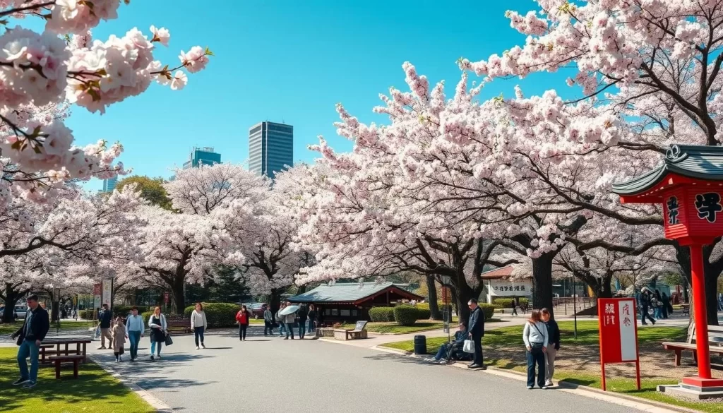 Generate an image of Hibiya Park during cherry blossom season