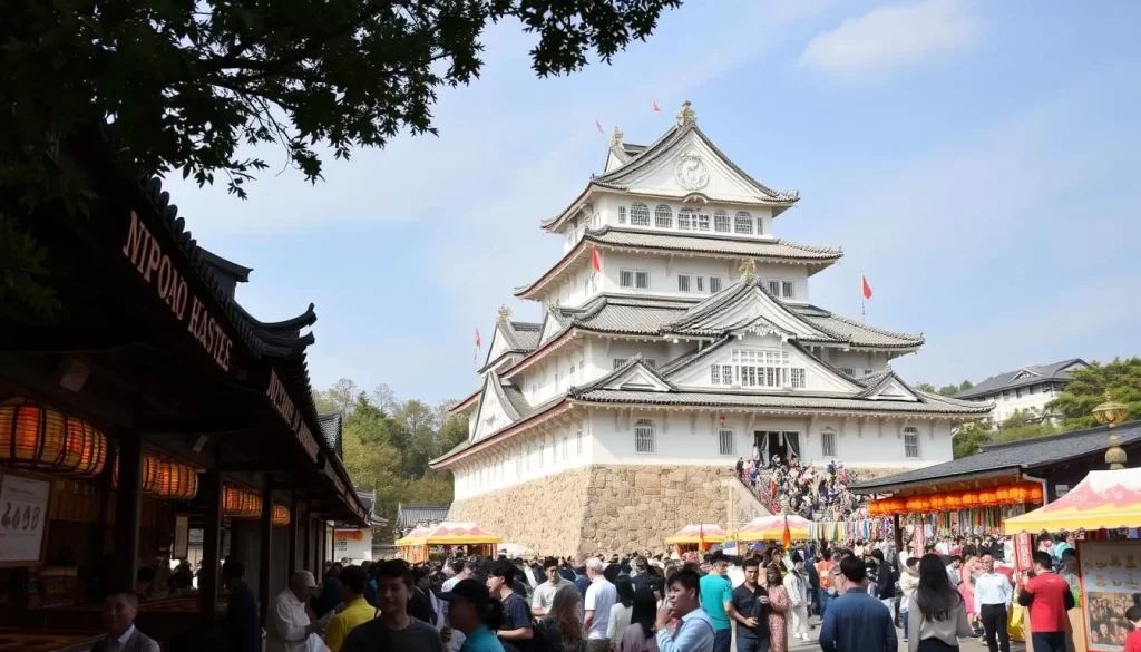Generate an image of Hikone Castle during its festival events, showcasing traditional performances and decorations.