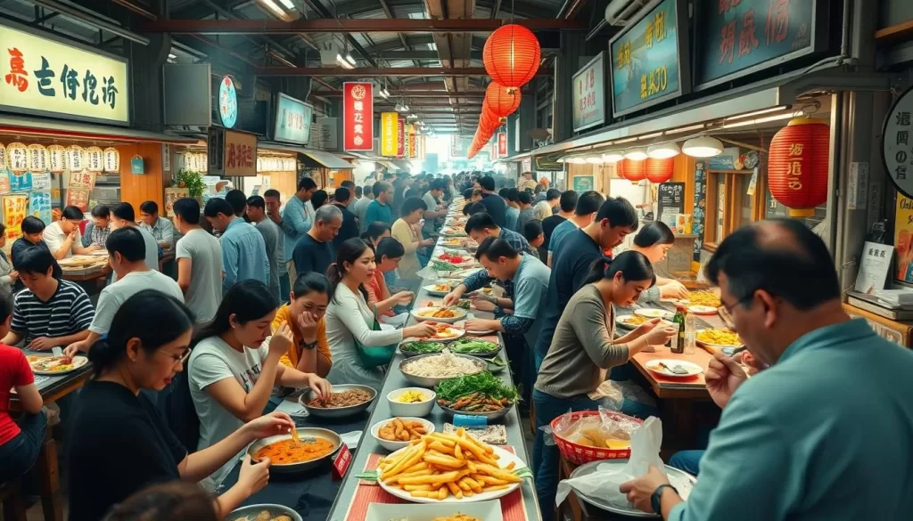 Generate an image of Hirome Market, with people enjoying meals at long tables and vendors cooking food.