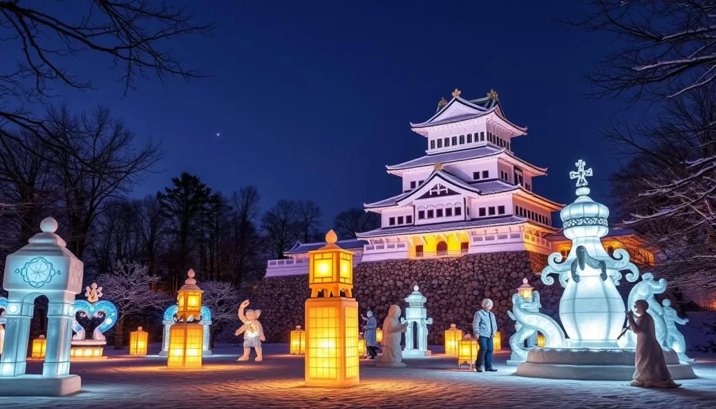 Generate an image of Hirosaki Castle during the Snow Lantern Festival with snow lanterns and ice sculptures illuminating the castle grounds.