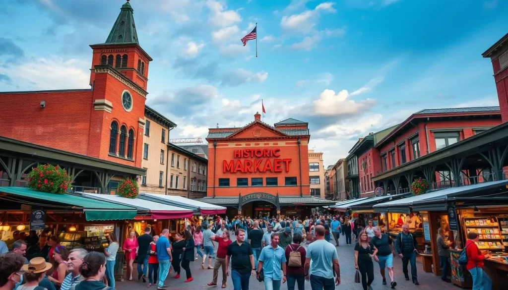 Generate an image of Historic Market Square in Knoxville, Tennessee, showcasing its vibrant atmosphere and historic significance.