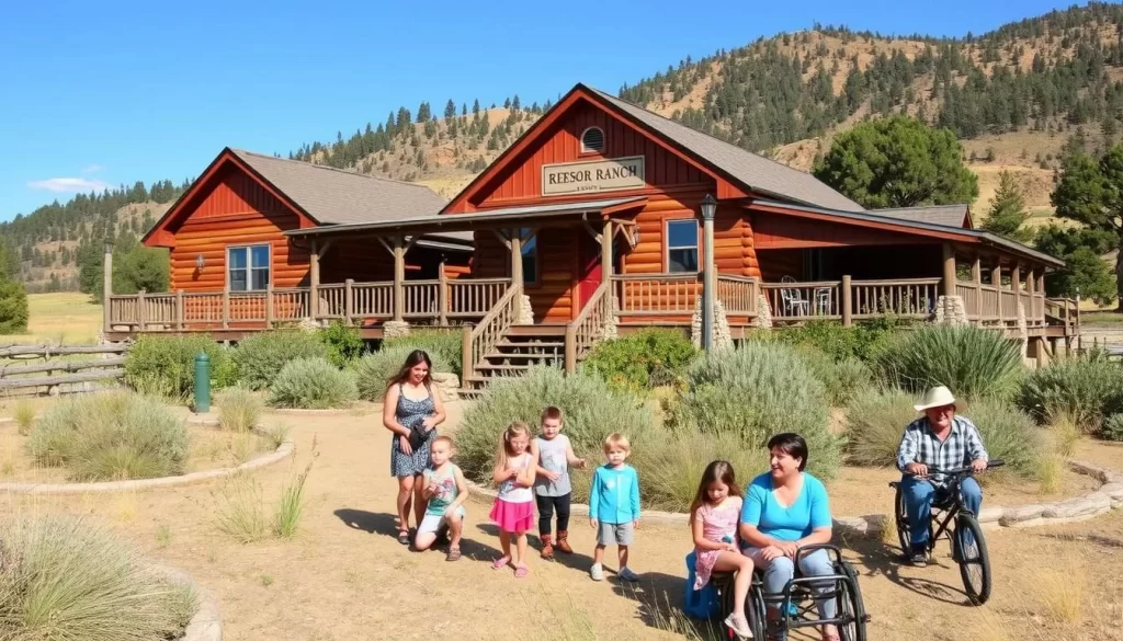 Generate an image of Historic Reesor Ranch, featuring its rustic accommodations and happy families enjoying outdoor activities.