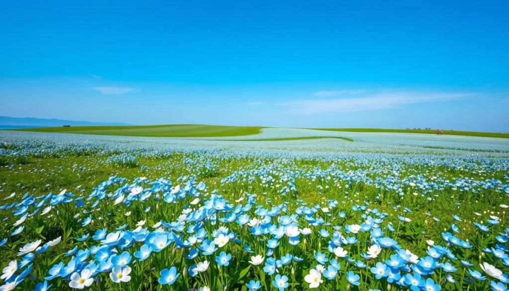 Generate an image of Hitachi Seaside Park during the nemophila festival, with vast fields of blue nemophila flowers.