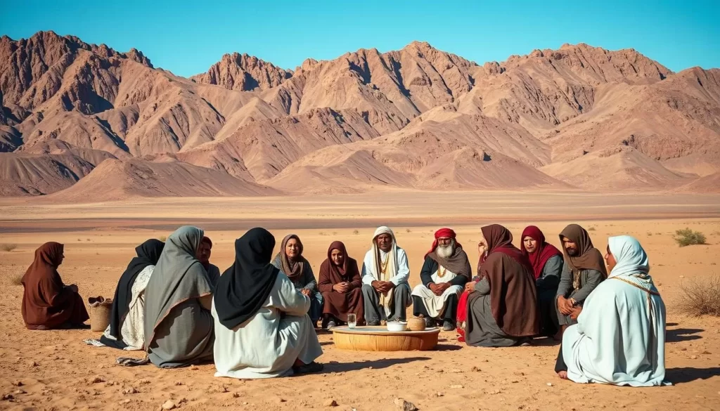 Generate an image of Hoggar Tuaregs gathering for a spiritual event, honoring their resistance history with traditional attire and rituals in the Hoggar region.