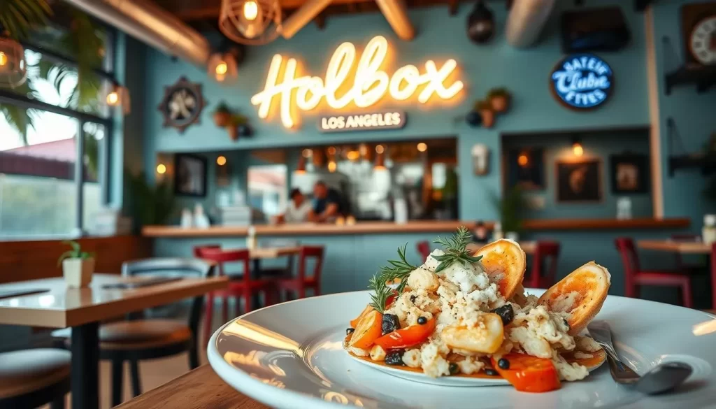 Generate an image of Holbox restaurant in Los Angeles, showcasing its vibrant atmosphere and a signature seafood dish.